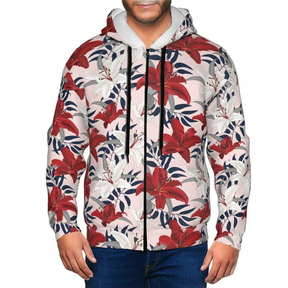 Honeii Lilies Flowers Print Hoodies for Men, Pullover & Full Zip, Breathable Zip up Hoodie, Sweatshirt-X-Large