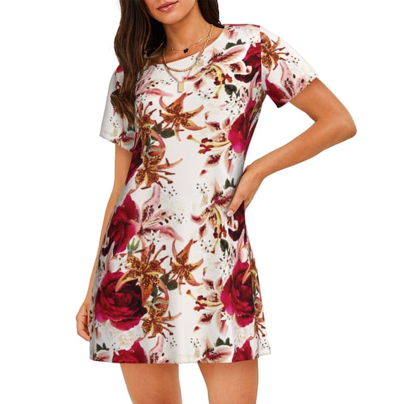 Honeii Lilies Flowers Print Women's Loose Short Sleeve Nightgown, Soft Cotton Sleepwear, Comfy Loose Fit Pajama Dress for Sleep and Lounge