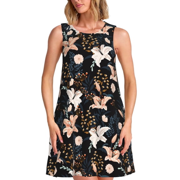 Honeii Lilies Flowers Print Women's Sleeveless Dress, Loose Fit Casual Dress for Women, Summer Fashion Dress