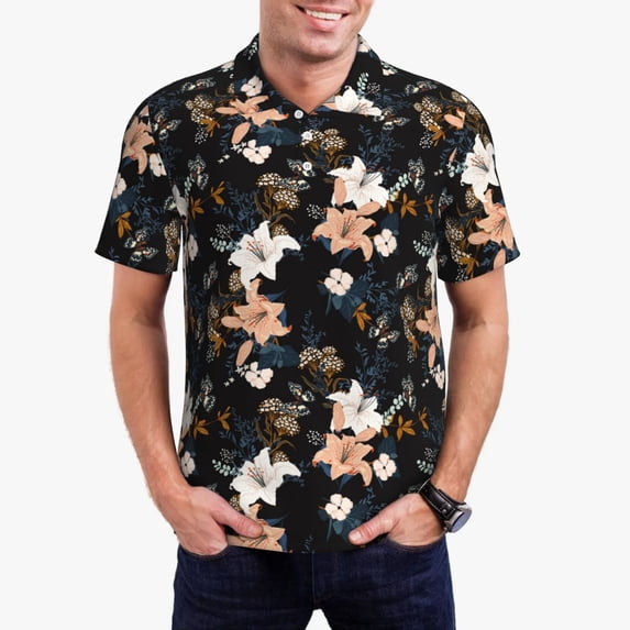 Honeii Lilies Flowers print Polo Shirt, a classic short-sleeved, button-down golf shirt designed for menXX-Large