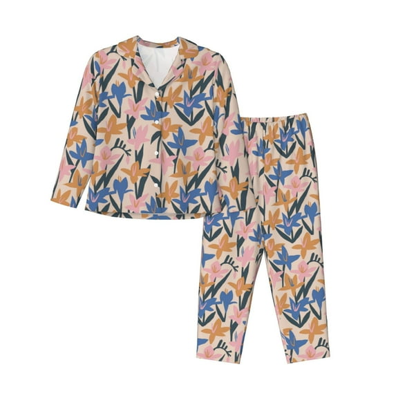 Honeii Lilies Flowers print Women's Pajama Sets Long Sleeve Button Down Sleepwear Nightwear Soft Pjs Lounge Sets-Large