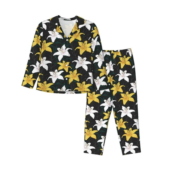 Honeii Lilies Flowers print Women's Pajama Sets Long Sleeve Button Down Sleepwear Nightwear Soft Pjs Lounge Sets-Medium