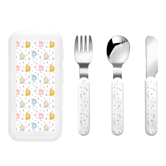 Honeii Little Elephant Print Children's Knife, Fork And Spoon Set,Reusable Utensils Set with Case,Travel Cutlery Set,for Kids Adults Camping