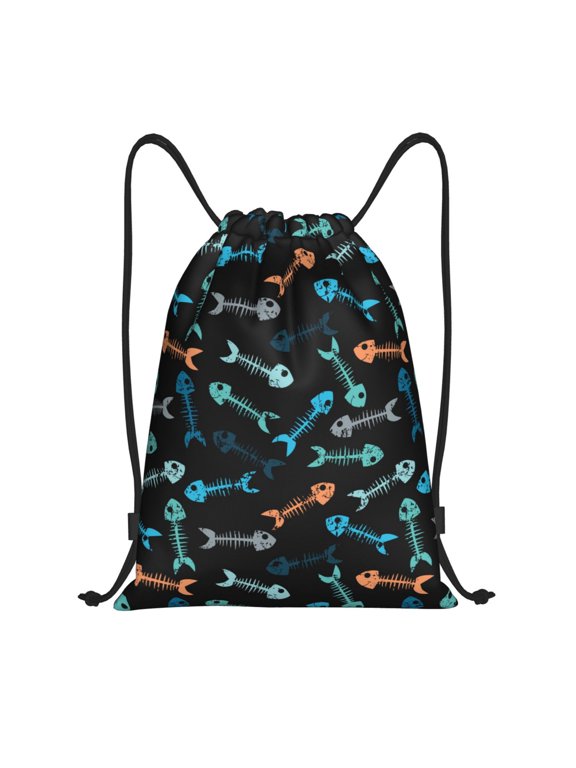 Little Fish Skeleton Print Drawstring Backpack,Drawstring Bags String Backpack Gym Cinch Sack Backpack Sport Bag Draw-Small