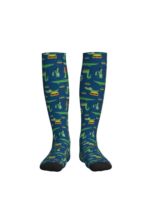 Little Pirate Crocodile Print Sports Compression Socks,Running Crew Socks,Moisture-Wicking Anti-Blister Hiking&Gym Athletic