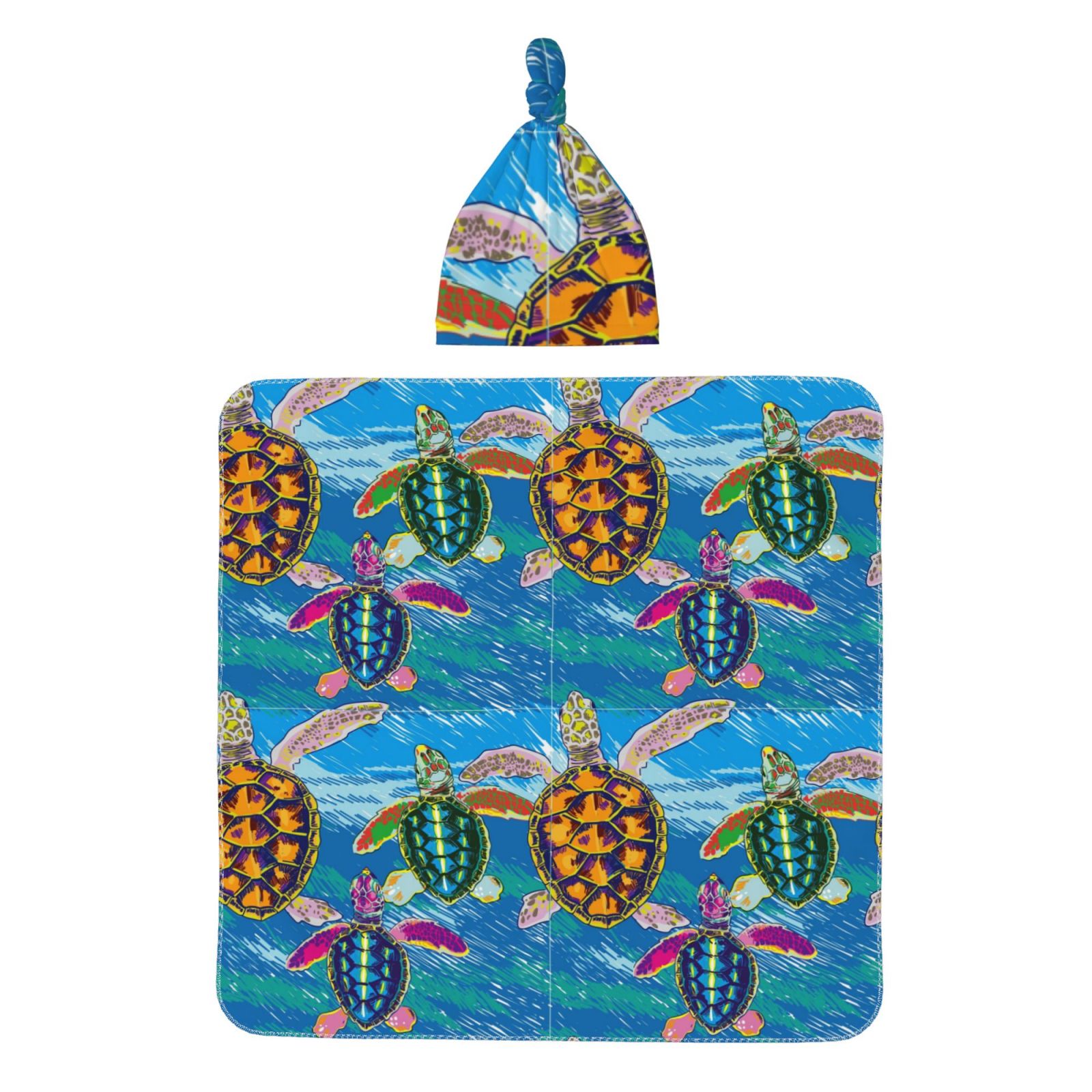 Honeii Little Sea Turtles Print Swaddle Blanket and Hat Set Newborn