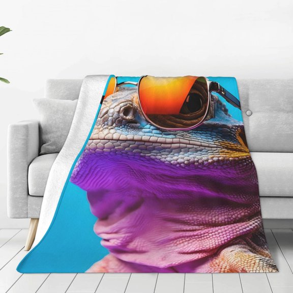 Honeii Lizard With Sunglasses Colorful Print Fleece Blanket - Throw Blanket for Bed, Sofa, Couch, Camping, and Travel , Microplush Ultra Soft Warm Blanket-40"x30"