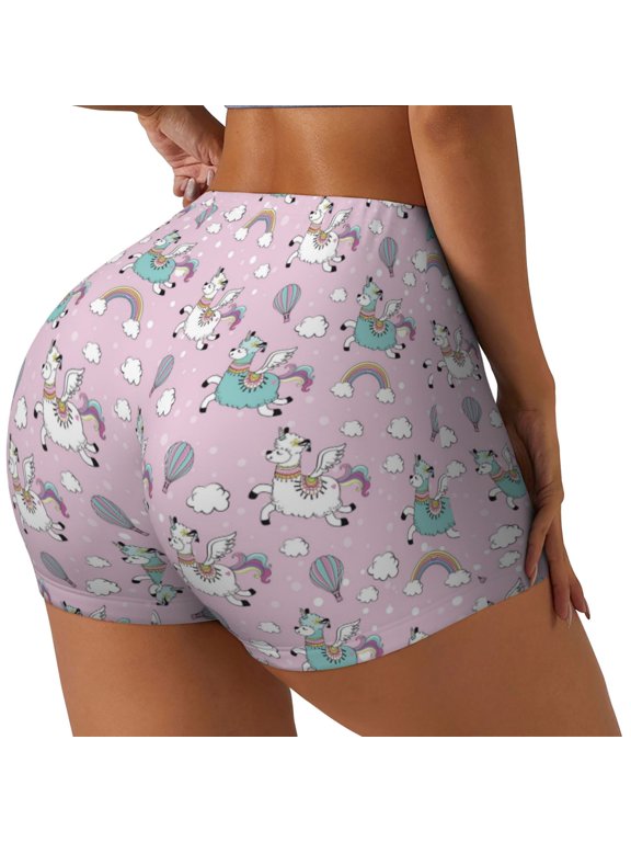Llama Unicorn and Rainbow Print Women's Workout Shorts, Gym Shorts for Active Wear, Sports Shorts,Women's Running Shorts,Quick Dry Athletic Shorts-Small
