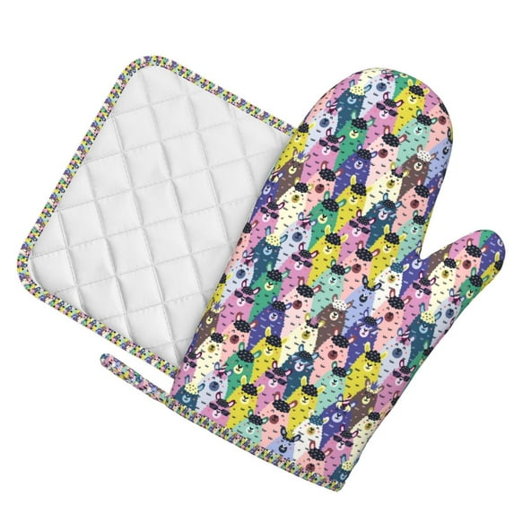Honeii Llamas Colorful patten Oven Mitts and Pot Holders Sets, Baker Oven Mitts, Mittens for Kitchen Decor, Baking Lover over Gloves Gifts
