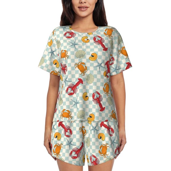 Honeii Lobster Sea Shell for Women's Summer Pajama Set featuring Soft Short Sleeve Shirt & Matching Bottoms with Convenient Pockets for Relaxed Home Wear-Small
