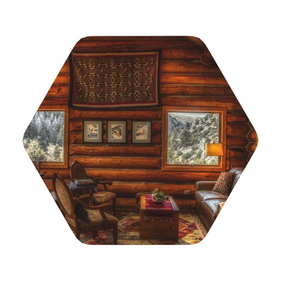 Honeii Log Cabin Inside Print Leather Coaster Set of 6, Ideal for Safeguarding Your Furniture from Drinks Spills and Effortless Cleanup,Hexagon