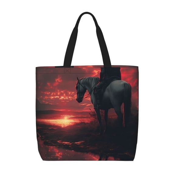 Honeii Lone Rider Under Red Sky Print Tote Bag, Reusable Grocery Shopping Bag,Shoulder Bag with Inner Pocket