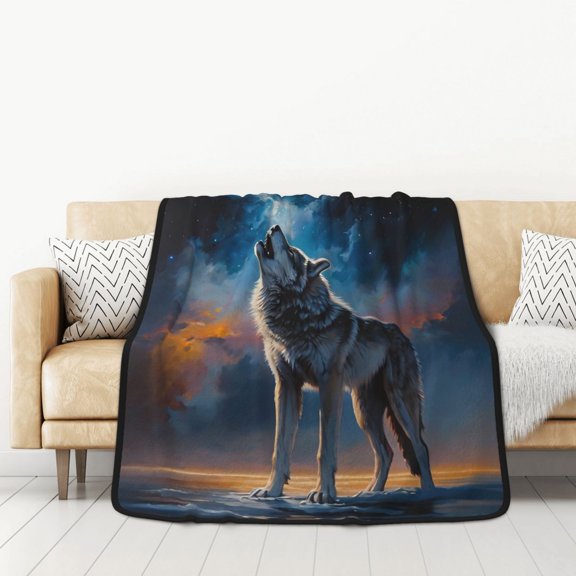 Honeii Lonely Night Sky Wolf for Throw Blanket for Couch - Thick Blanket, Soft Fuzzy Plush Throw Blanket for All Seasons, Double Sided Blanket,50x60 In