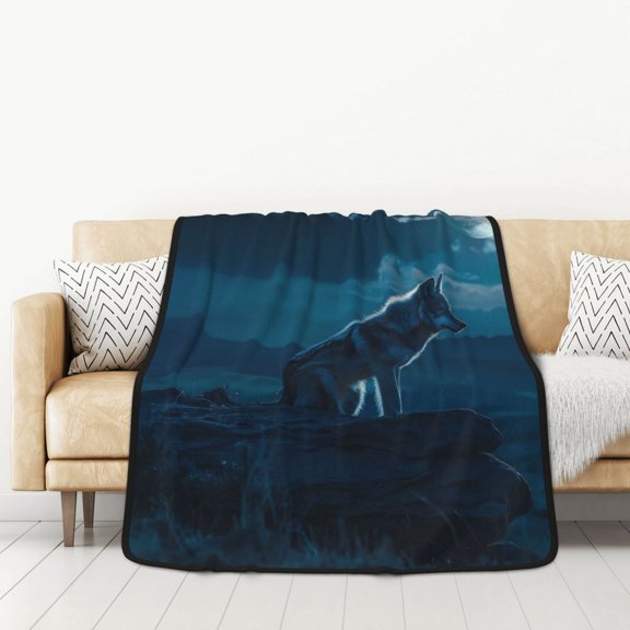 Honeii Lonely Night Wolf for Throw Blanket for Couch - Thick Blanket, Soft Fuzzy Plush Throw Blanket for All Seasons, Double Sided Blanket,50x60 In