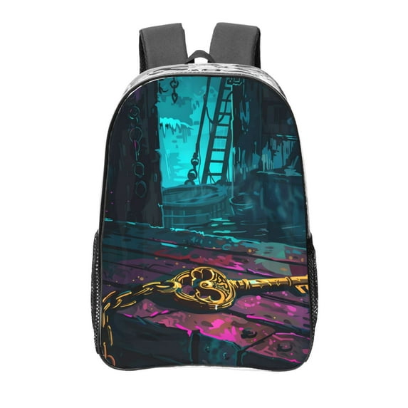 Honeii Lost Golden Key Print Clear Backpack Heavy Duty Transparent Bag 17" See Through BookBag for Women Men Adults Work Festival Sports Travel