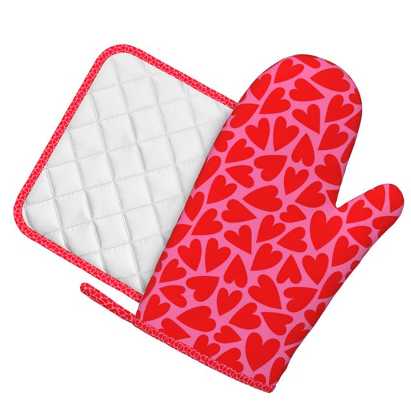 Honeii Love Heart patten Oven Mitts and Pot Holders Sets, Baker Oven Mitts, Mittens for Kitchen Decor, Baking Lover over Gloves Gifts