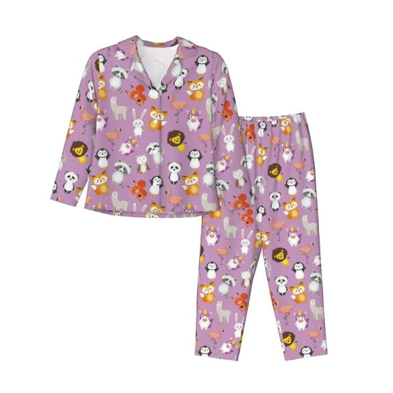 Honeii Lovely Animals print Women's Pajama Sets Long Sleeve Button Down Sleepwear Nightwear Soft Pjs Lounge Sets-Large