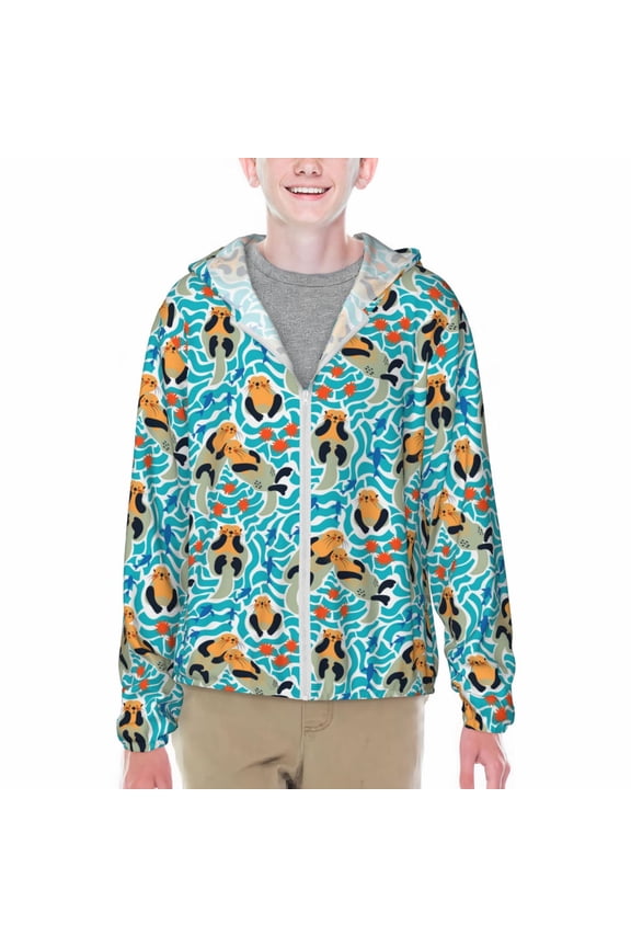 Lovely Sea Otters Print Sun Protection Jacket Hooded Cooling Shirt with Pockets Hiking Outdoor Performance-X-Large