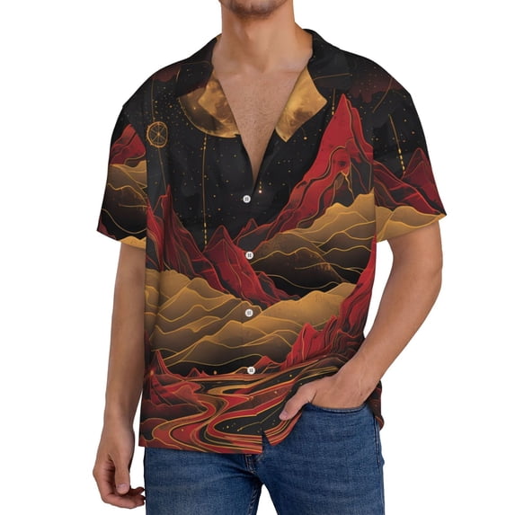 Honeii Lunar Mountains Golden Rivers for Men's Short-Sleeved Button-Up Collared Shirt Featuring A Pocket, Perfect for Beach Vacations, And Travel Adventures.-X-Large