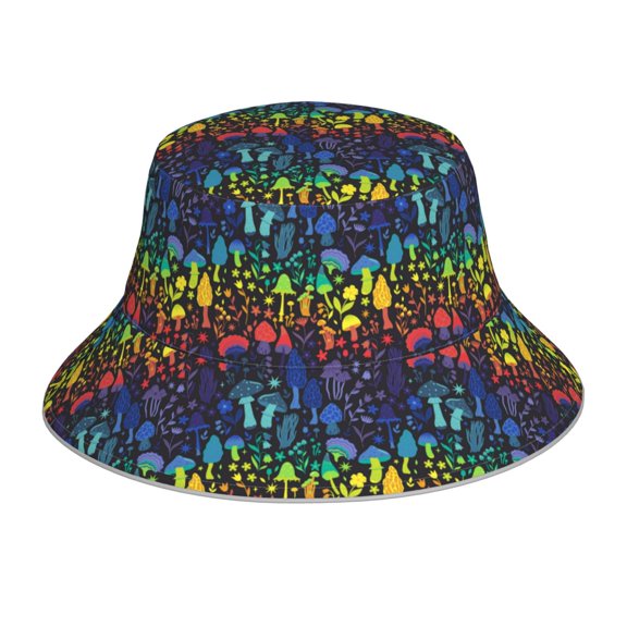Honeii Magical Mushrooms and Flowers for Unisex Bucket Hat Waterproof Rain Hat Reversible Shiny Rave Bucket Hat for Concert Festival Boonie Cap