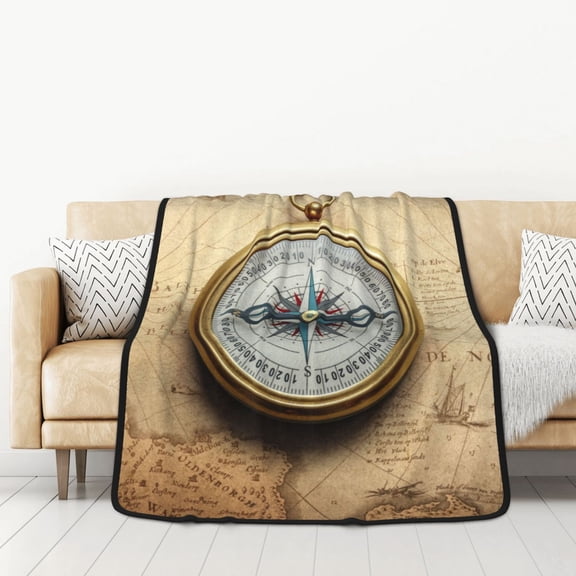 Honeii Magnetic Old Compass On World Map for Throw Blanket for Couch - Thick Blanket, Soft Fuzzy Plush Throw Blanket for All Seasons, Double Sided Blanket,50x60 In