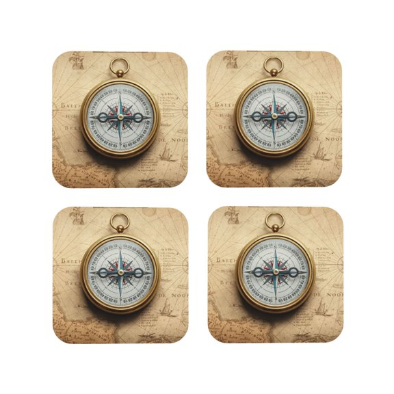 Honeii Magnetic Old Compass On World Map Print Leather Coaster Set of 4, Ideal for Safeguarding Your Furniture from Drinks Spills and Effortless Cleanup-Square