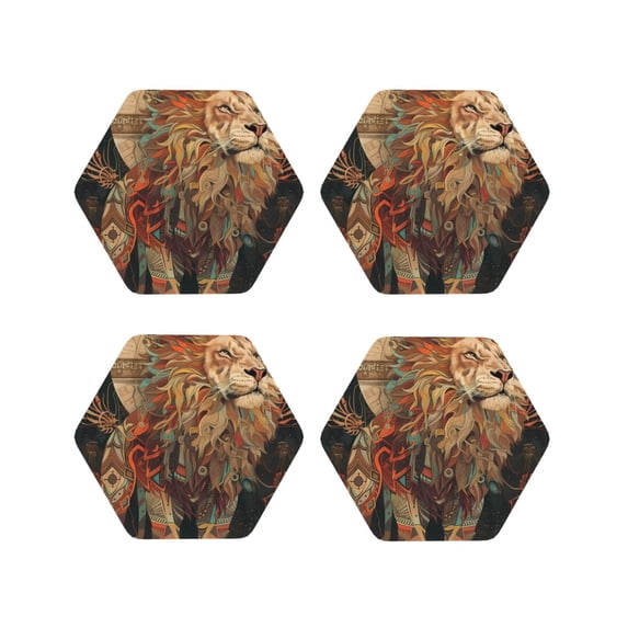 Honeii Majestic Cosmic Lion Print Leather Coaster Set of 4, Ideal for Safeguarding Your Furniture from Drinks Spills and Effortless Cleanup-Hexagon