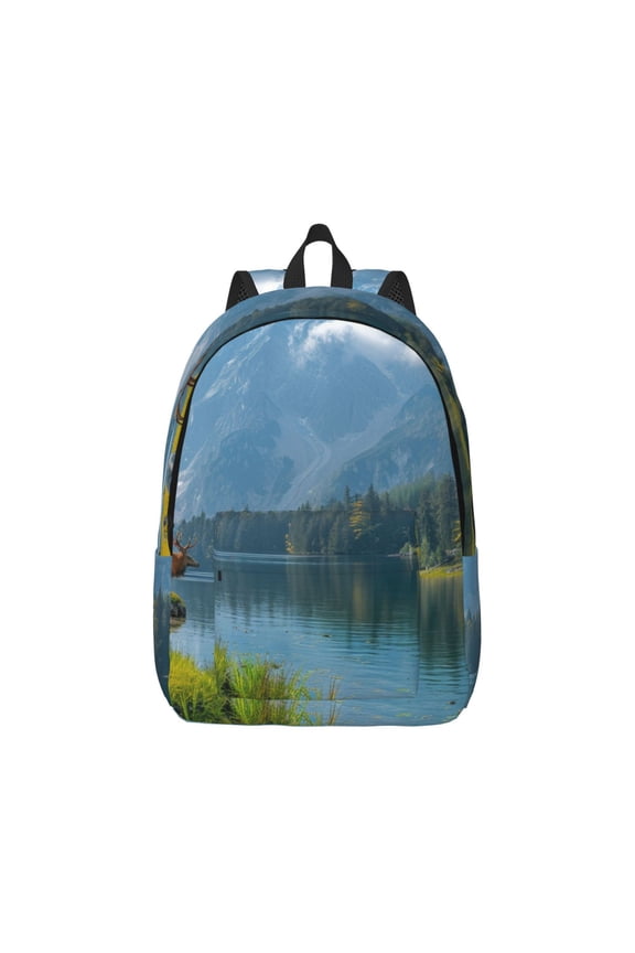Majestic Deer Mountain Lake Print Canvas College Laptop Backpack, Durable Rucksack Travel Notebook Bag School Backpack Book Bag for Men Women-