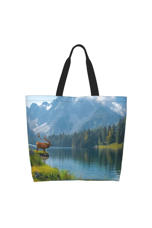 Majestic Deer Mountain Lake Print Tote Bag for Women, Foldable Tote Bag Large Shoulder Bag Top Handle Handbag for Travel, Work