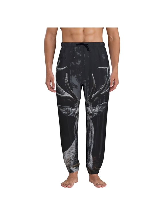 Majestic Forest Stag Print Mens Jogger Sweatpants, Men's Lounge Pants with Pockets-Small