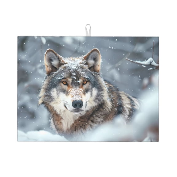 Honeii Majestic Snowy Wolf Print Kitchen Drying Mat Coffee Bar Mat Hide Stain Coffee Maker Mat for Countertops Coffee Pot Dish Drying Mat