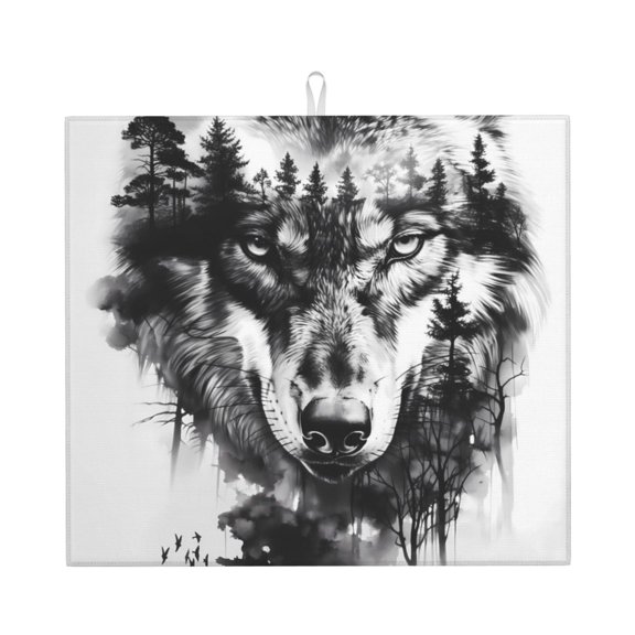 Honeii Majestic Wolf Landscape for Dish Drying Mat for Kitchen Counter, Non-slip Rubber Backed, Hide Stain Kitchen Super Absorbent Draining Mat, Dish Rack Pad