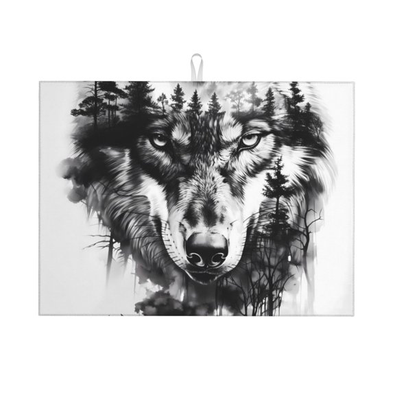Honeii Majestic Wolf Landscape Print Kitchen Drying Mat Coffee Bar Mat Hide Stain Coffee Maker Mat for Countertops Coffee Pot Dish Drying Mat