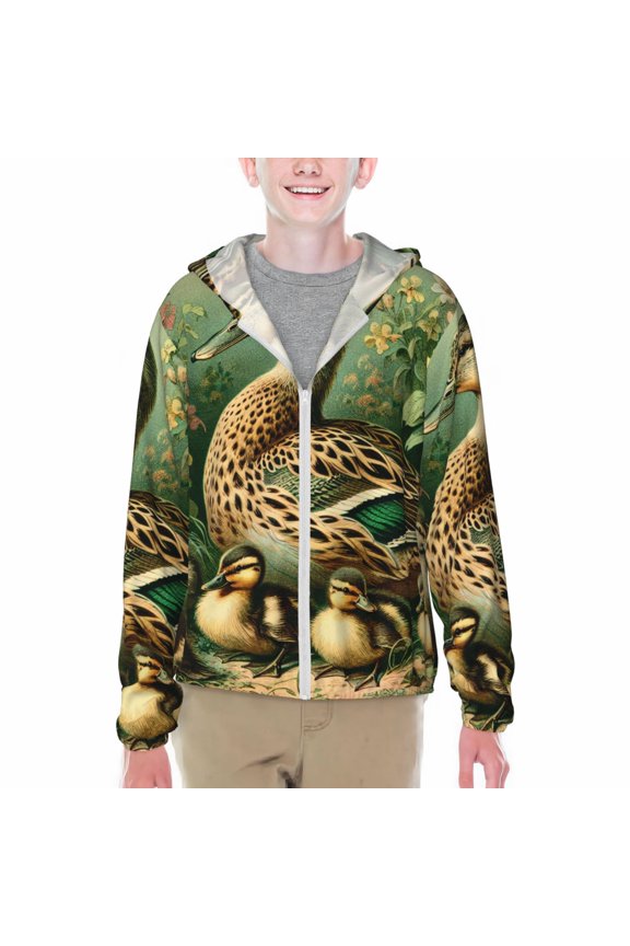 Mallard Duck And Flowers Print Sun Protection Jacket Hooded Cooling Shirt with Pockets Hiking Outdoor Performance-Small