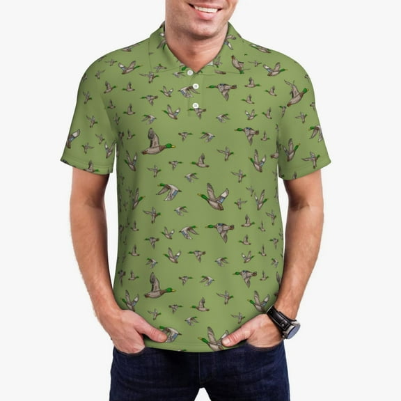 Honeii Mallard Duck Print Polo Shirt, A Classic Short-Sleeved, Button-Down Golf Shirt for Men,Mens Polo Shirts Short Sleeve-Small