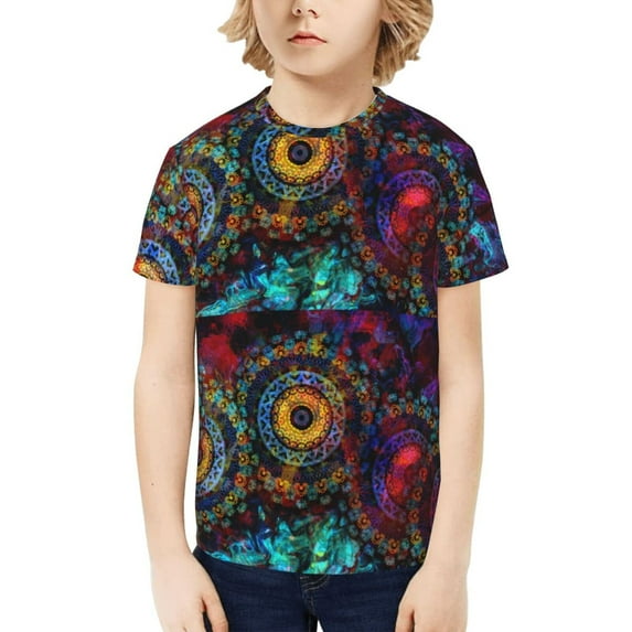 Honeii Mandala Colorful Print Kids Boy T-Shirt,Breathable Round Neck Tee,Stylish Summer Tee for Boys, for Outdoor Activities and Casual Wear