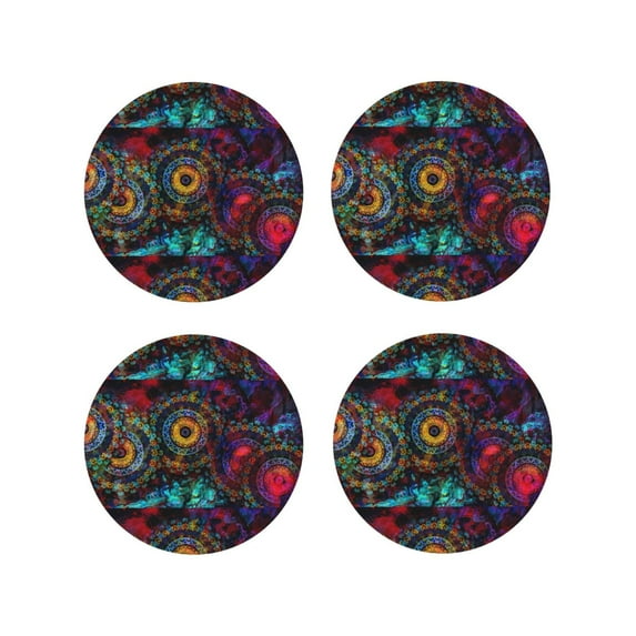 Honeii Mandala Colorful print Leather Coaster Set of 4, ideal for safeguarding your furniture from drinks spills and effortless cleanup-Round Shape