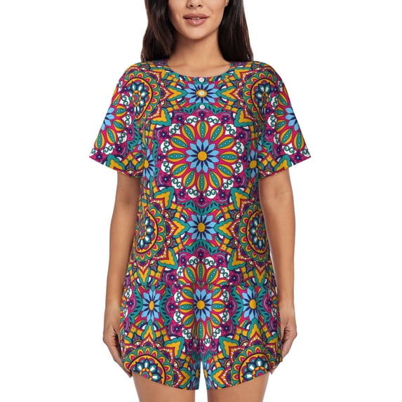 Honeii Mandala for Women's Summer Pajama Set featuring Soft Short Sleeve Shirt & Matching Bottoms with Convenient Pockets for Relaxed Home Wear-XX-Large