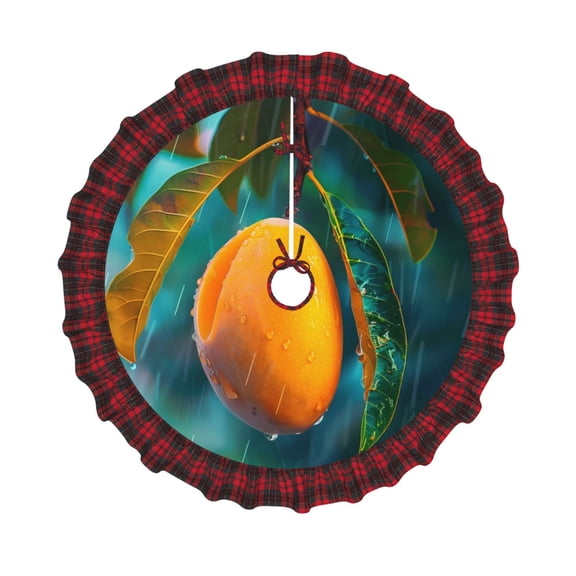 Honeii Mango In The Rain Pattern Christmas Tree Skirt, Christmas Ribbon Holly Winter Holiday Tree Mat Decoration-30"