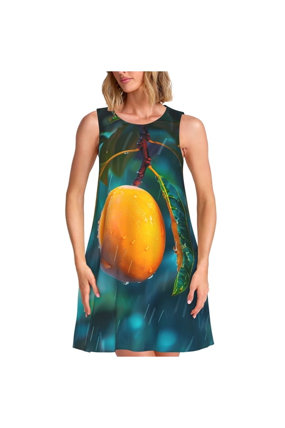Mango In The Rain Print Women's Sleeveless Dress, Loose Fit Casual Dress for Women, Summer Fashion Dress