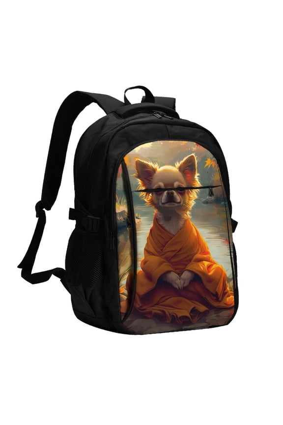 Maple Leaf Meditating Chihuahua for Travel Laptop Backpack, Business Laptops Backpack with USB Charging Port, College High School Computer Bag for Men Women
