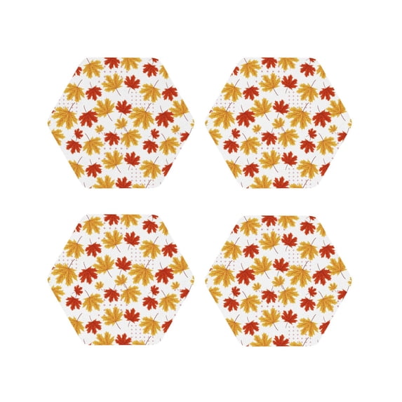Honeii Maple Leaf Print Leather Coaster Set of 4, Ideal for Safeguarding Your Furniture from Drinks Spills and Effortless Cleanup-Hexagon