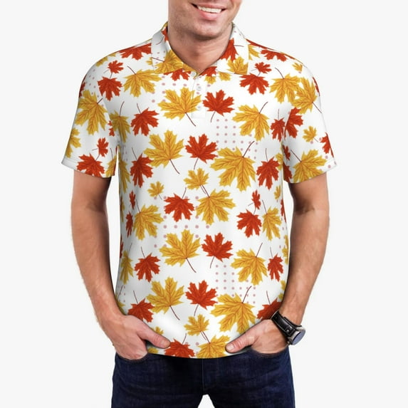 Honeii Maple Leaf Print Polo Shirt, A Classic Short-Sleeved, Button-Down Golf Shirt for Men,Mens Polo Shirts Short Sleeve-Medium
