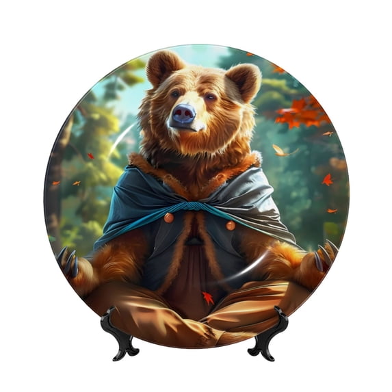 Honeii Maple Meditating Bear Print Elegant Bone China Decorative Plate, Porcelain Plate,Art Crafts,Ceramic Ornaments for Home Office Wall Decor-7in