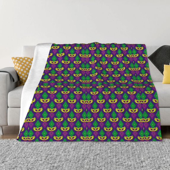 Honeii Mardi Gras Carnival3 print throw blanket, crafted from cozy cotton flannel, offers versatile home decor as a bedding suitable for all seasons.-80"x60"