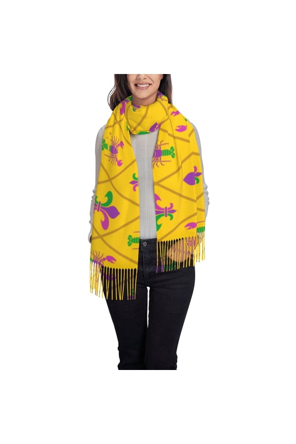 Mardi Gras Crayfish and Fleur de lis Print Scarf Oversized Scarf Tassel Fall Winter Thick Scarf Warm Shawl Women,Women's Scarves & Wraps