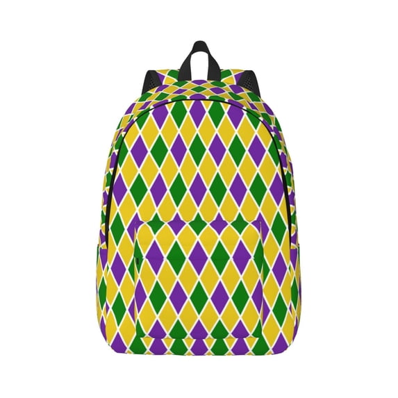 Honeii Mardi Gras Purple Yellow Plaid Print Canvas College Laptop Backpack, Durable Rucksack Travel Notebook Bag School Backpack Book Bag for Men Women-Small