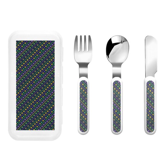 Honeii Mardi Gras Strings of Beads Print Children's Knife, Fork And Spoon Set,Reusable Utensils Set with Case,Travel Cutlery Set,for Kids Adults Camping