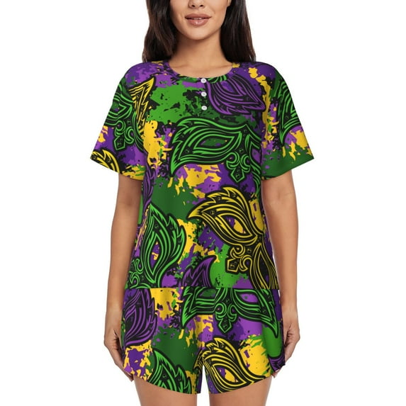 Honeii Mardi Gras7 for Women's Summer Pajama Set featuring Soft Short Sleeve Shirt & Matching Bottoms with Convenient Pockets for Relaxed Home Wear-XX-Large