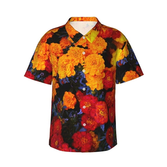Honeii Marigold Flowers In Different Colors Print Men’s Hawaiian Shirt,Classic Button-Down Short Sleeve Shirt, for Beach, Vacation, and Outdoor Activities,X-Large